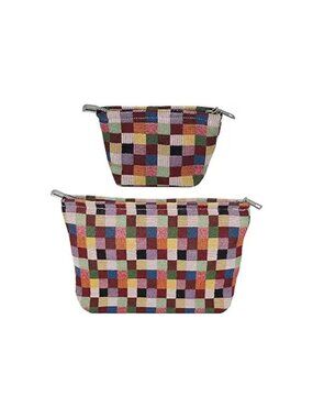 2PC Checkered Makeup Bag Set Canvas Cosmetic Pouch Large Small